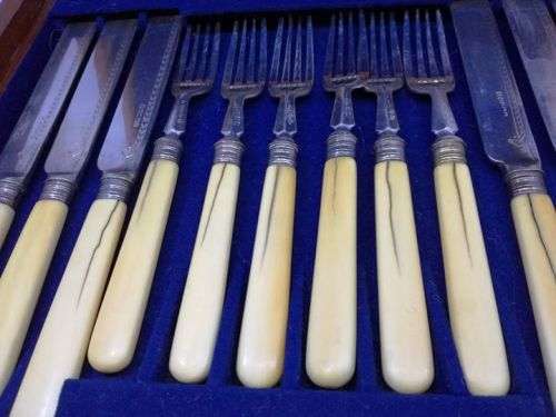 Vintage 12 place setting knife and fork - bone handled. Stunning set ! Look at the box!! Quality!