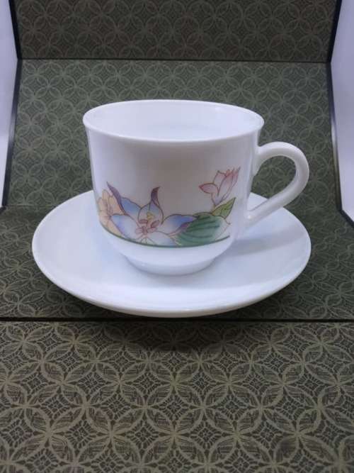 Pretty Arcopal milk glass cup and saucer