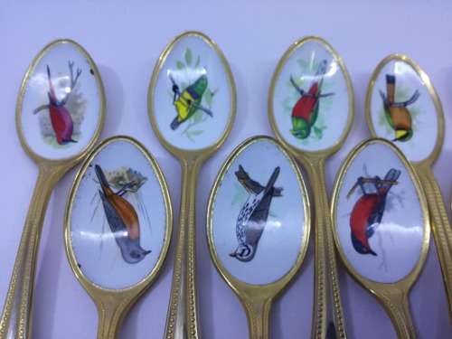 Bird Teaspoons - 24 Kt GOLD plated with Enamel - Highly Collectible