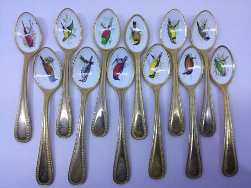 Bird Teaspoons - 24 Kt GOLD plated with Enamel - Highly Collectible