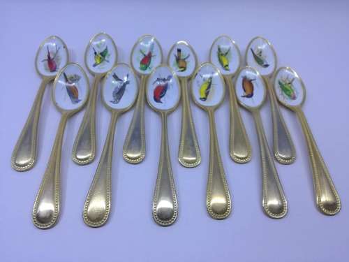 Bird Teaspoons - 24 Kt GOLD plated with Enamel - Highly Collectible