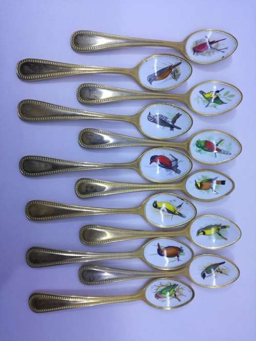 Bird Teaspoons - 24 Kt GOLD plated with Enamel - Highly Collectible