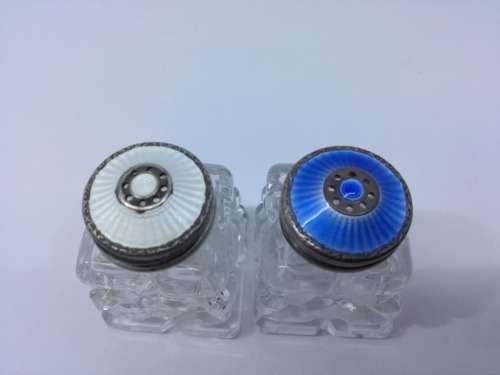 Norway Sterling Silver Guilloche Enamel and Crystal Salt and Pepper shakers