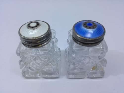 Norway Sterling Silver Guilloche Enamel and Crystal Salt and Pepper shakers