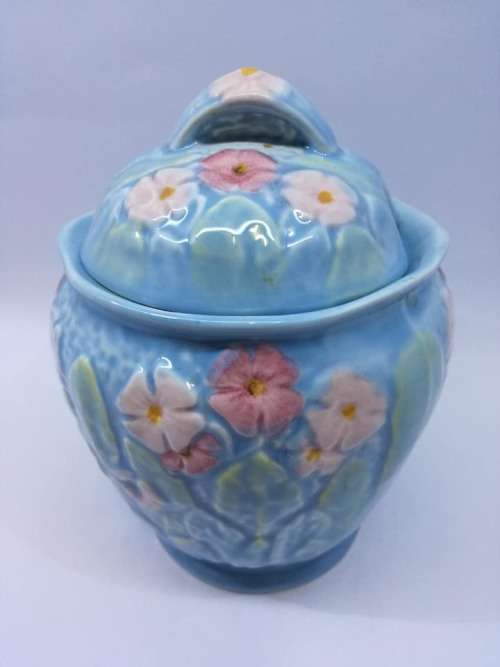 Mella-Ware England Blue-Floral Flowers honey/jam jar