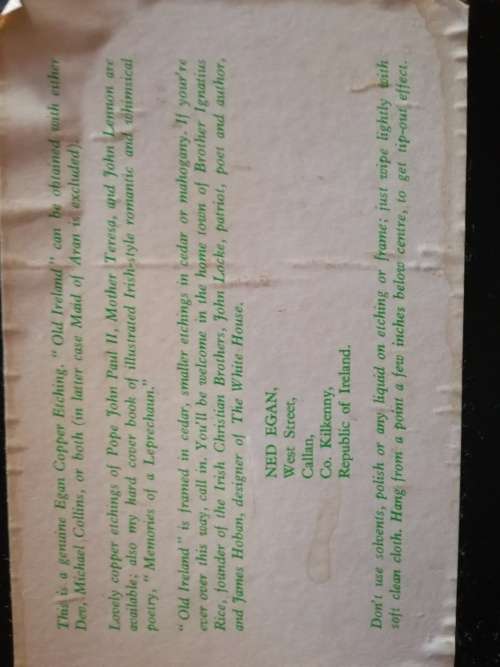 NED EGAN ` OLD IRELAND ` GENUINE COPPER ETCHING FRAMED IN CEDAR