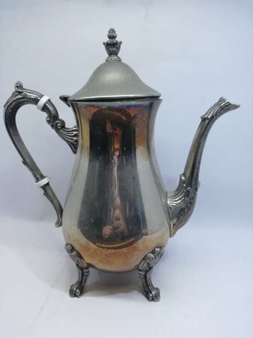 Lovely worn silver on copper coffee pot - spout damage