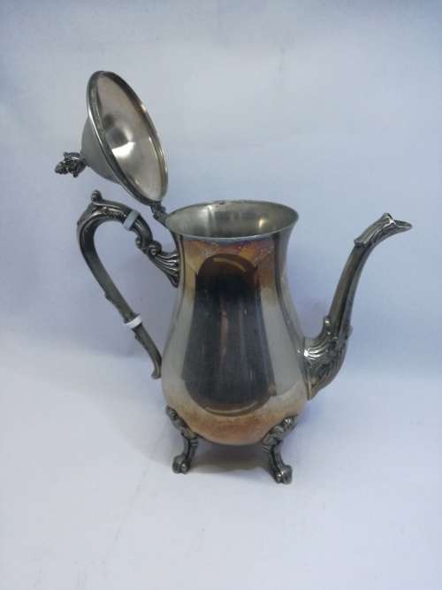 Lovely worn silver on copper coffee pot - spout damage