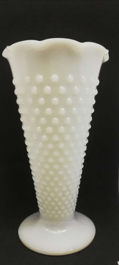 VINTAGE WHITE MILK GLASS HOBNAIL VASE FLUTED