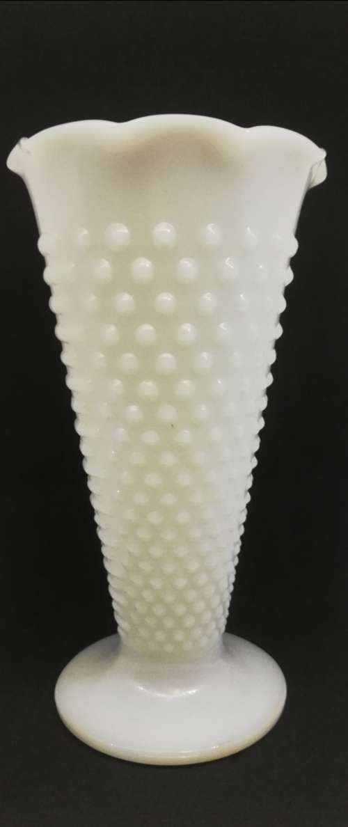 VINTAGE WHITE MILK GLASS HOBNAIL VASE FLUTED