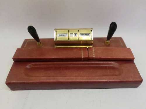 VINTAGE date, day and month calendar with pen holders and letter opener. Leather made in SA