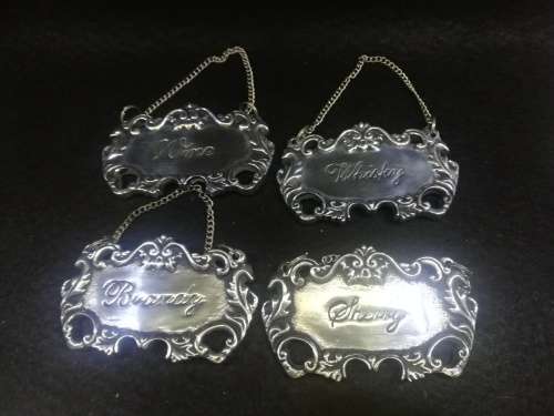 Silver Metal Ornate Liquor Bottle / Decanter Tags set (4)