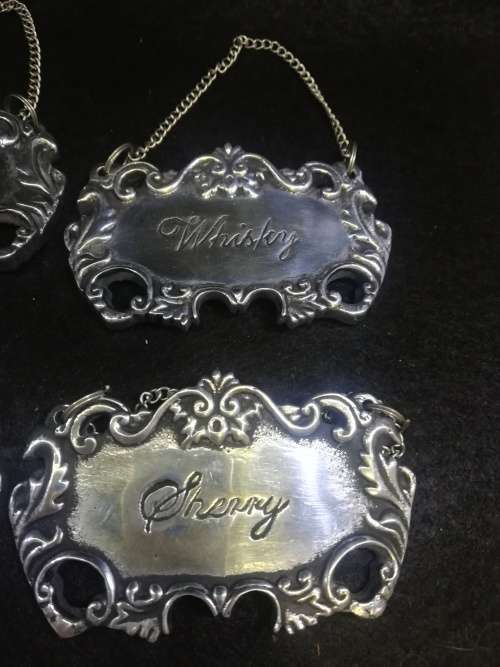 Silver Metal Ornate Liquor Bottle / Decanter Tags set (4)