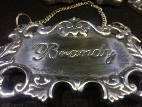 Silver Metal Ornate Liquor Bottle / Decanter Tags set (4)