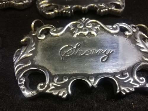 Silver Metal Ornate Liquor Bottle / Decanter Tags set (4)