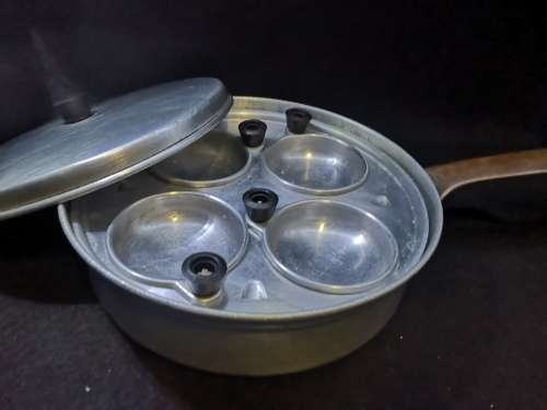 Vintage Aluminum 4 Egg Poacher Pan with copper handle