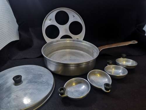 Vintage Aluminum 4 Egg Poacher Pan with copper handle
