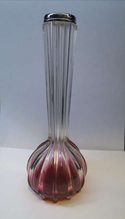 Antique Edwardian Art glass vase with Sterling silver collar - Ribbed red to clear