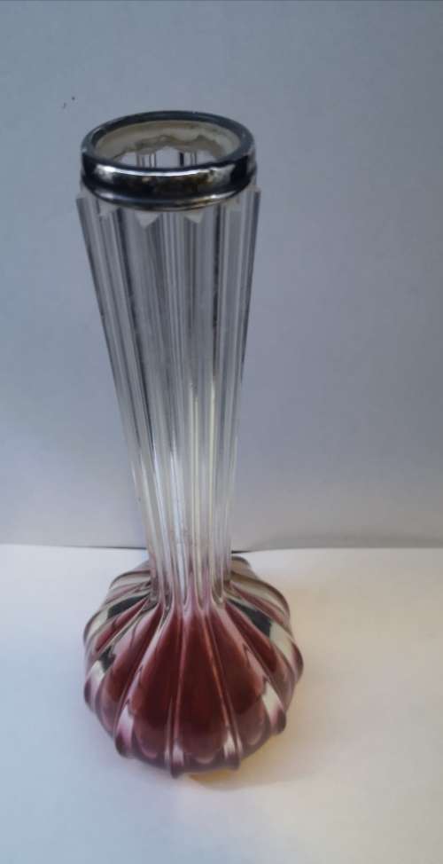 Antique Edwardian Art glass vase with Sterling silver collar - Ribbed red to clear