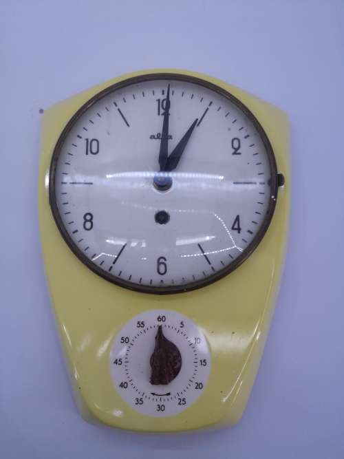 Vintage yellow porcelain Alia/Alka wall clock with timer - untested/no key - see pics