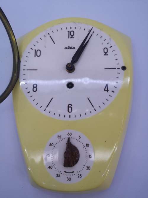 Vintage yellow porcelain Alia/Alka wall clock with timer - untested/no key - see pics