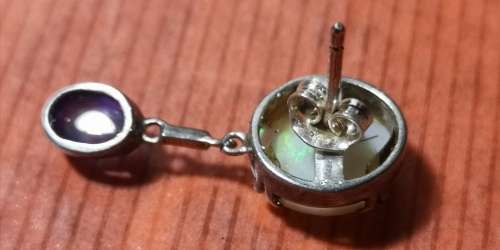 OPAL and cabachon Amythest earrings! WOW! set in Silver length 2.7cm Opal measures 12mm x 10 mm