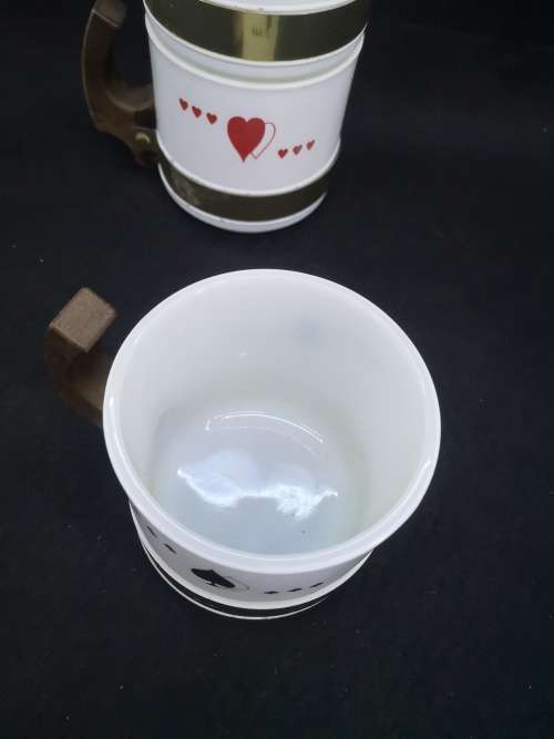 Set Vintage Siesta Ware coffee mugs Bridge/Poker  milk glass with suits and wooden handles