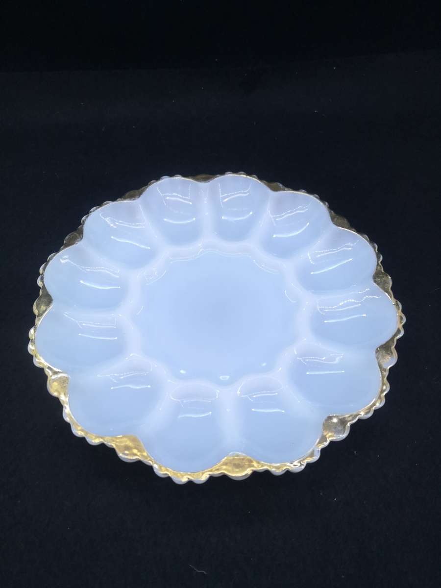 Devilled egg milk glass plate - some gold loss on the ridges