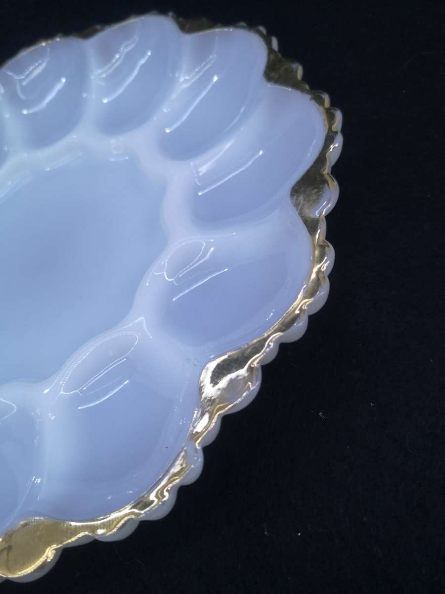 Devilled egg milk glass plate - some gold loss on the ridges