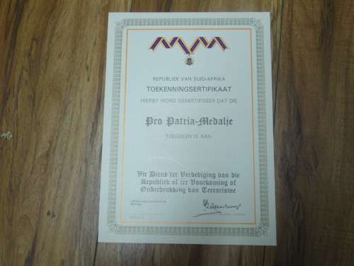 PRO PATRIA  MEDAL CERTIFICATE BLANK