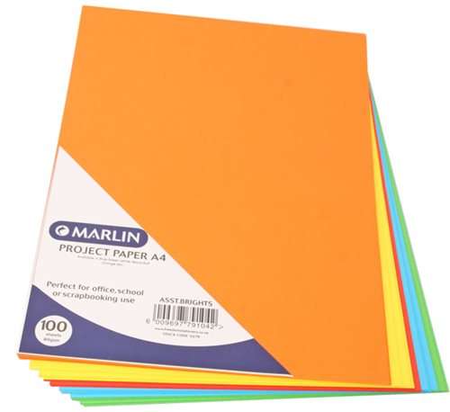 STATIONERY OFFICE SUPPLIES - Marlin A4 Project Paper,  100 Sheets, 80gsm, Asstd Bright Colours