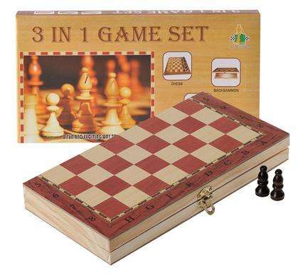 1 X WOODEN 3 In 1 Chess Checkers Backgammon - Wood Pieces
