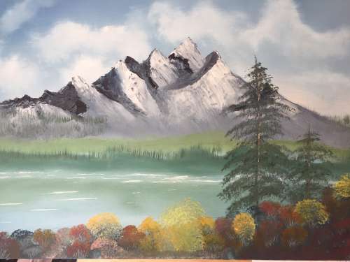 ART ~ ORIGINAL OIL PAINTING ~ LANDSCAPE ~ 16 x 24" STRETCHED CANVAS " MOUNTAIN LAKE"