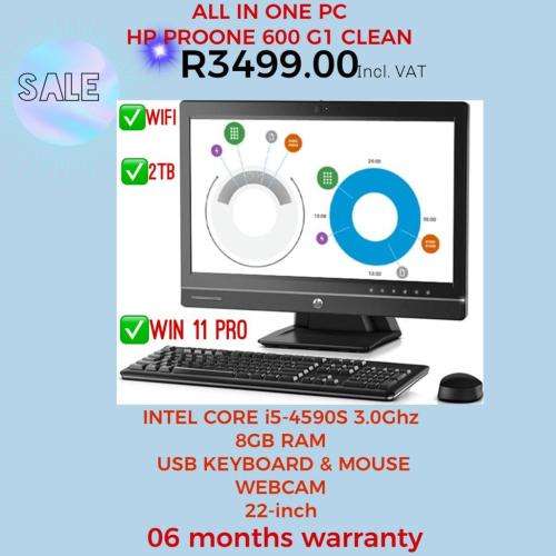 AFFORDABLE ALL-IN ONE PCs:HP PROONE 600 G1, i5-4590S 3.0 GHz,8GB RAM,2TB HDD,WIFI, WEBCAM, WIN 11