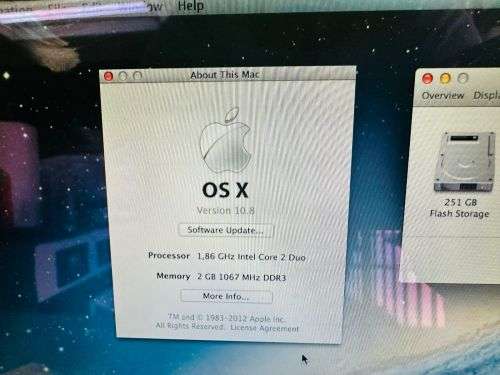 APPLE MACBOOK AIR A1369: CORE 2 DUO 1.86GHZ, 2GB RAM, 250GB STORAGE. MAC OS X 10.8.  CLEAN!!!!!