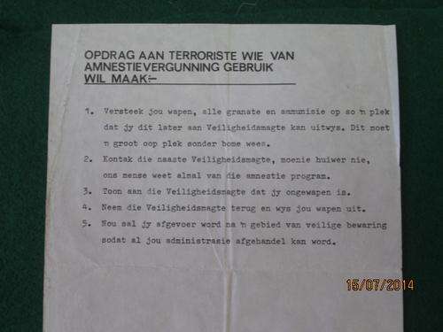 "Order To Terrorists Wishing to Make Use of The Amnesty Offer" Ops Area 1980.