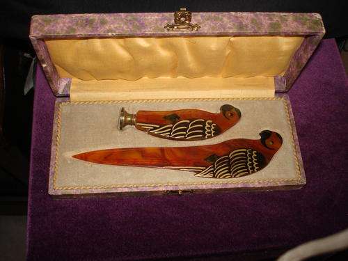 Tortoise Shell Letter opener and seal in the shape of a Parrot C1930