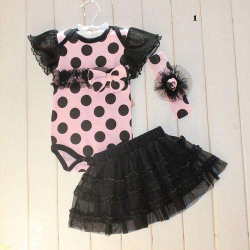 Baby Romper, Tutu & Headband Set Pink & Black Polka Dot [6 months]