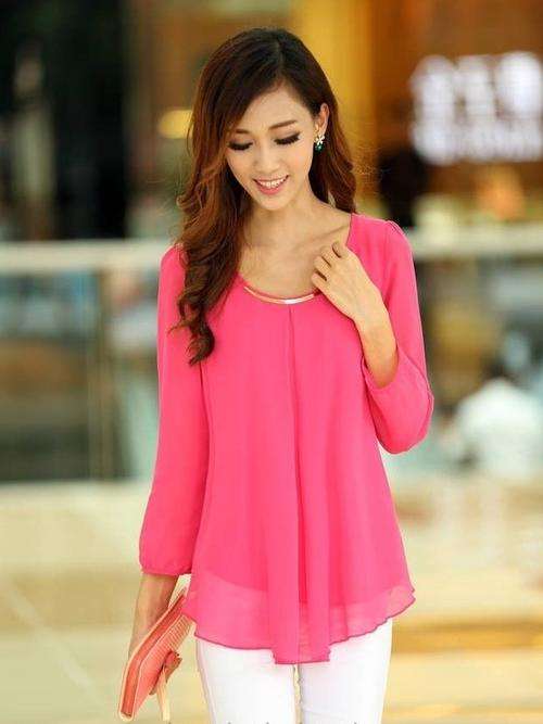 Chiffon Top Rose Pink 3/4 sleeve [Medium]