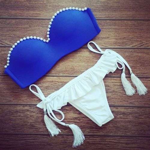 ON SALE ~ Bikini Blue Pearl top and White bottom [Medium]