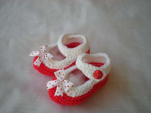 Mary Jane Booties ~ 0-6 Months ~ Red and White with Polka Dot Bow