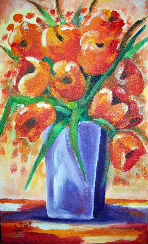 Orange tulips in mauve pot - 300x500x44mm -  by  HELENA KRUGER