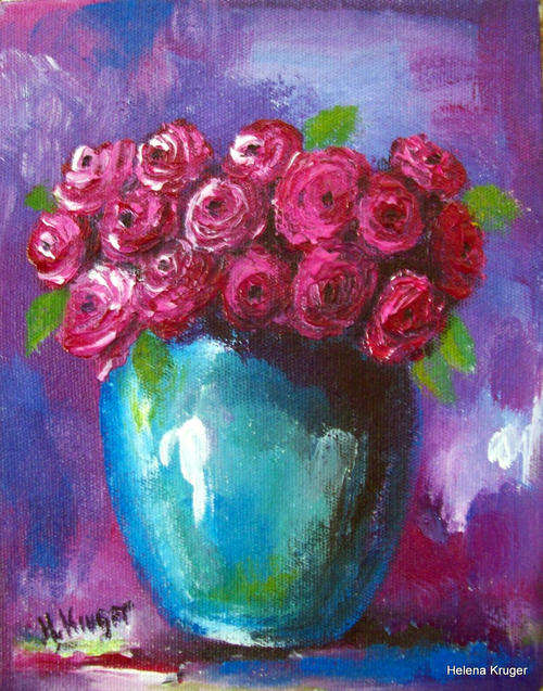 Pienk rosies in blou pot - 160x200x44mm - acrylic painting - buy DIRECTLY from Helena