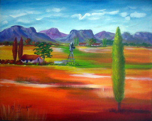 My house on the farm - 400x500x22mm by SA Artist Helena Kruger