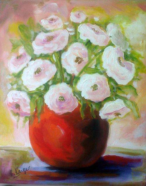 Red pot white flowers - original Helena Kruger - 400x500mm