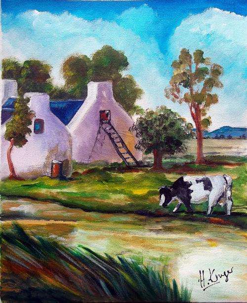 Cow drinking water - original Helena Kruger - 350x430mm