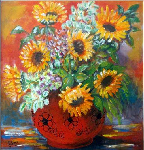 Sunflowers in red pot - original Helena Kruger - 430x480mm