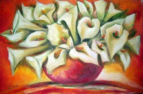 Arums in red pot  -  400x600mm -  oil on canvas board - by Helena Kruger