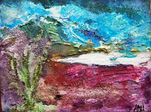 Imaginary landscape - MIXED MEDIA on blocked canvas - by famous  Cape Town artist ANI VLOK