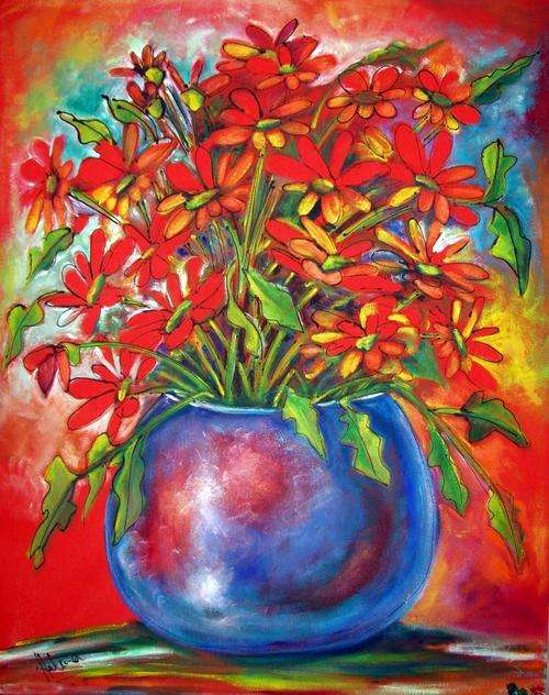 Happy red daisies! Extra  large 700x890mm - by HELENA KRUGER